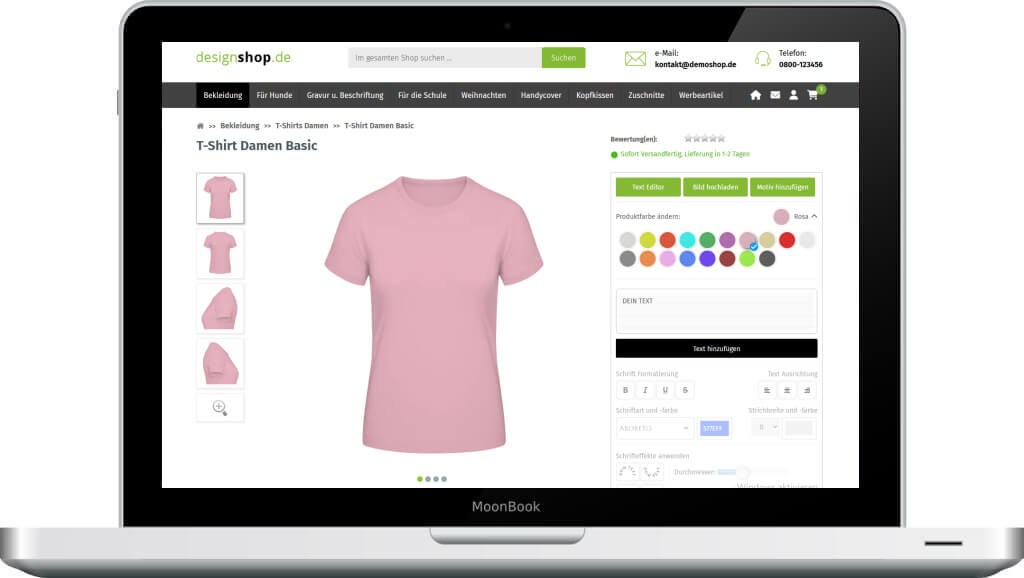 Produktkonfigurator Onlineshop Beispiel für Web2Print T-Shirt Konfigurator mit 4 Seiten